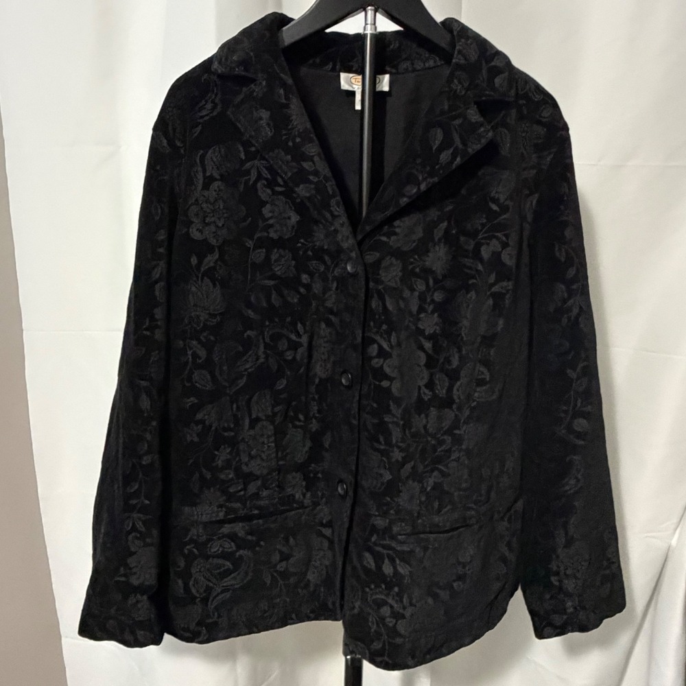 Talbots Woman Black Floral Jacquard Cotton Blazer Jacket Plus 12W Button Front